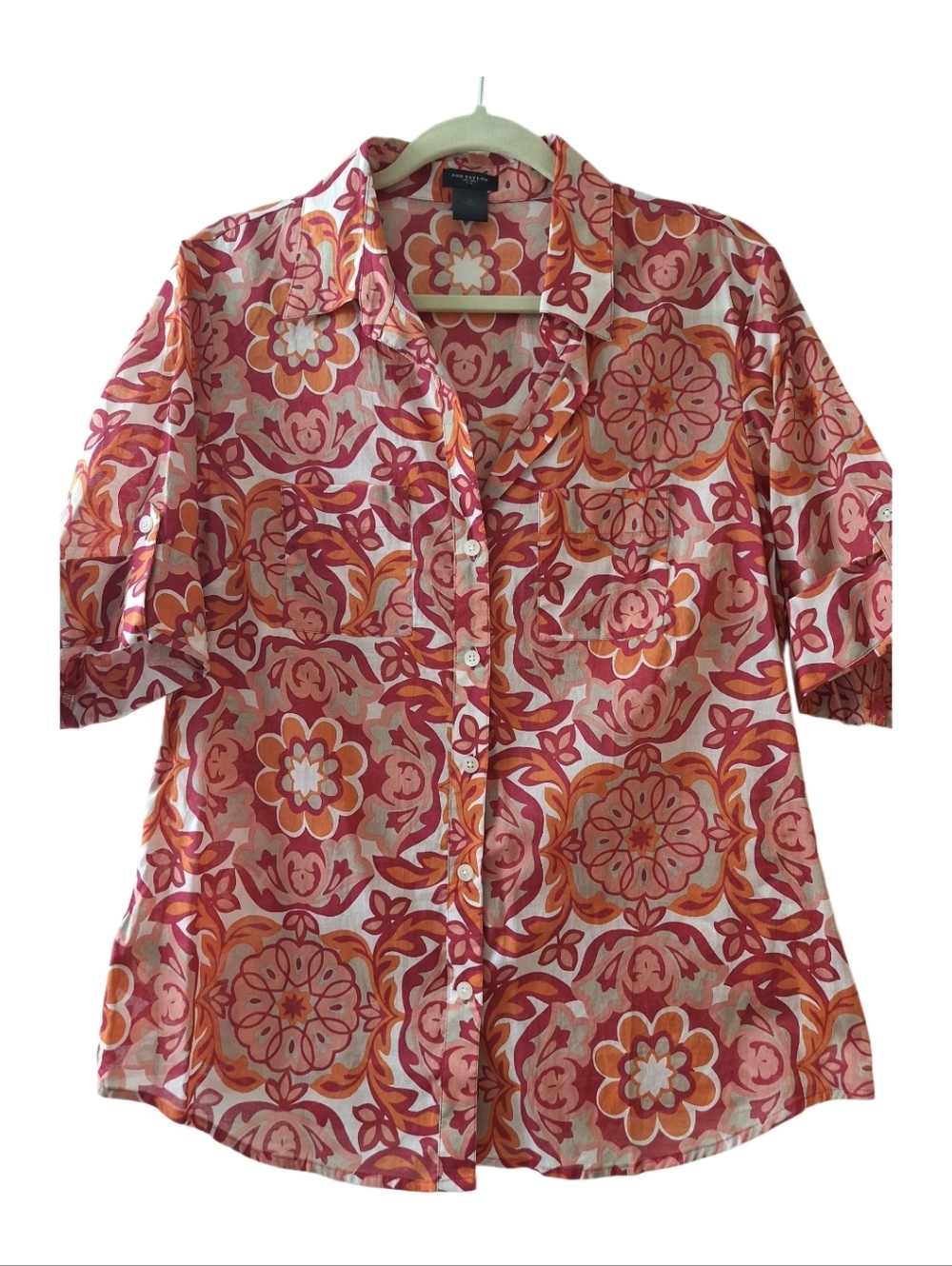 Ann Taylor Pink & Orange Floral Button-Down Shirt 3-quarter sleeve